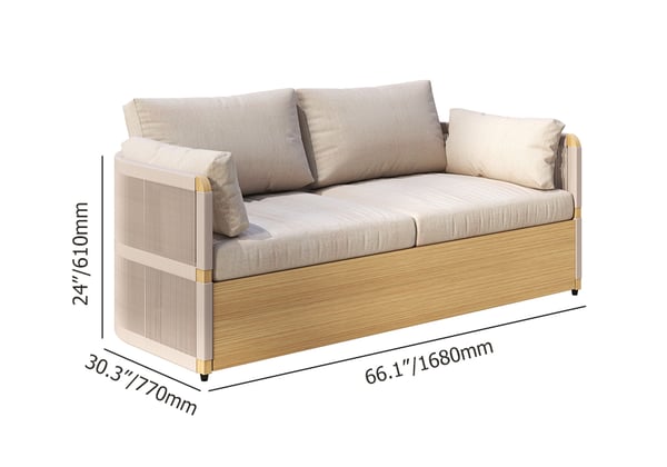 Modern outdoor swivel sofa set with aluminum frame and rope accents, includes coffee table in khaki