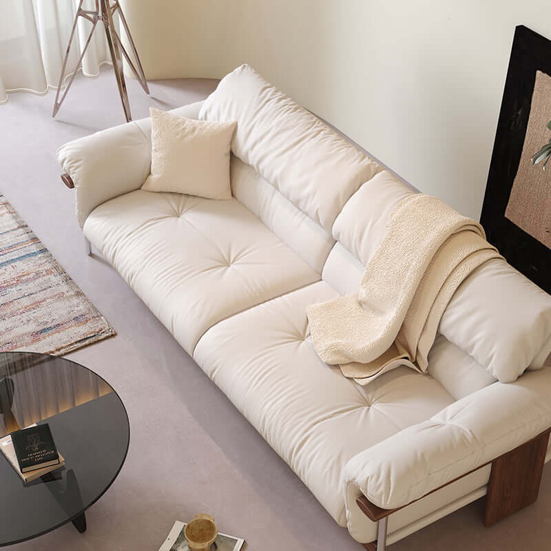 Three-seater sofa with straight-line design and top-grain leather upholstery