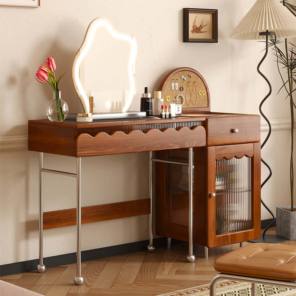 Solid wood makeup table with cabinet and LED mirror, freely combinable for personalized setup