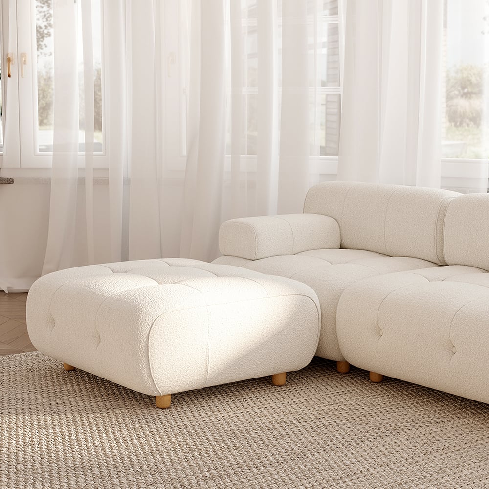 White modern L-shaped modular boucle sectional sofa loveseat with wood legs