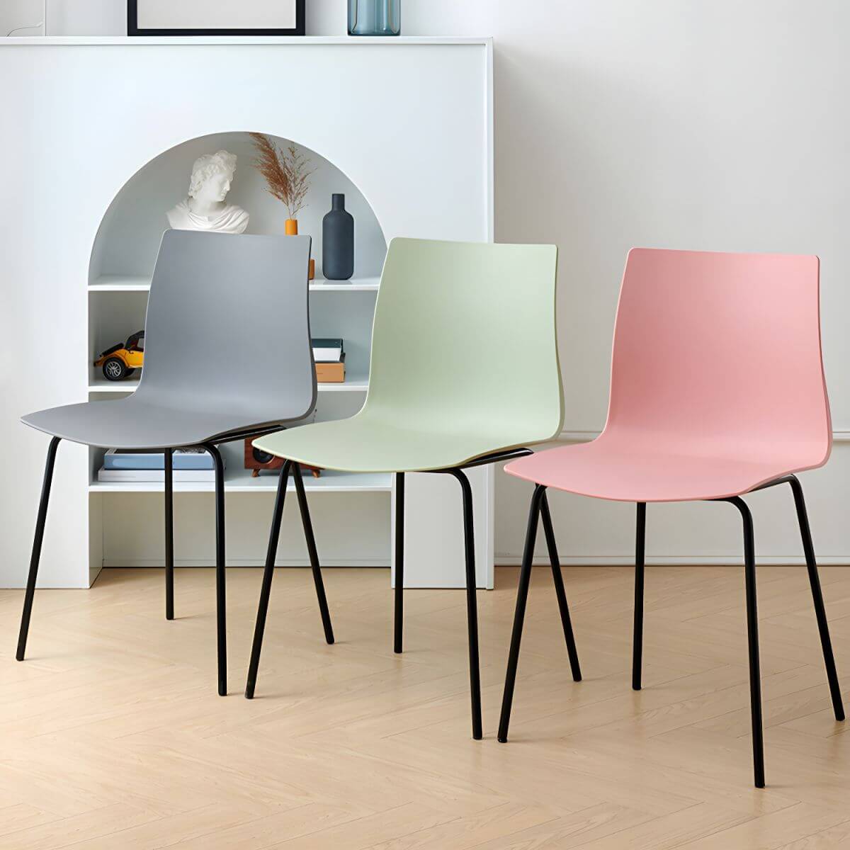 Modern plastic and acrylic side chair with metal legs, ideal for kitchen and dining rooms
