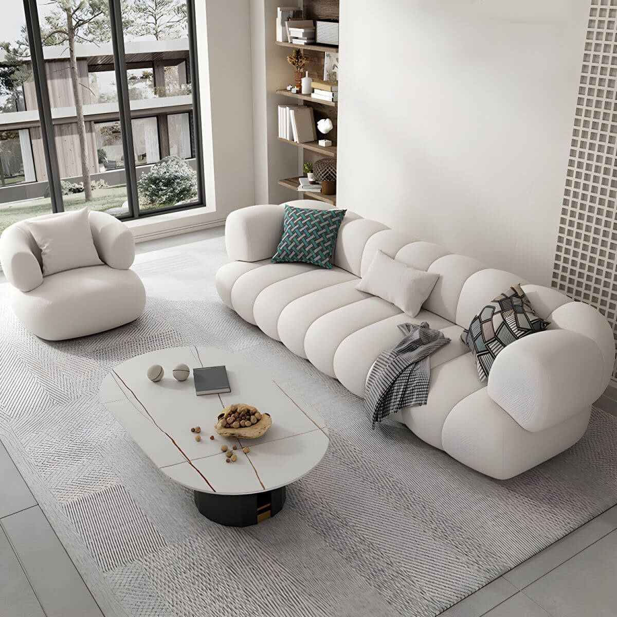 White Scandinavian fabric sofa with biscuit back and tuxedo arms
