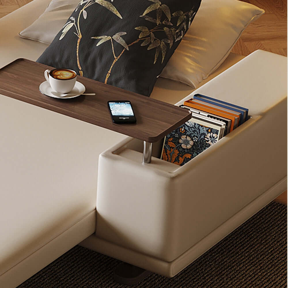 Modern minimalist folding sofa bed with reversible armrests and adjustable side table for versatile living spaces