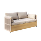Modern outdoor swivel sofa set with aluminum frame and rope accents, includes coffee table in khaki