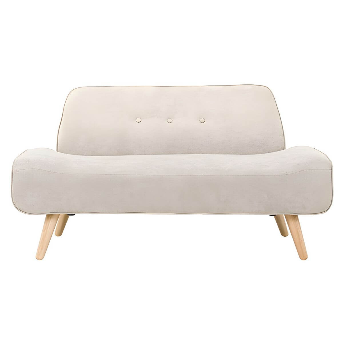 Small Scandinavian style sofa with wood frame and solid color polyester upholstery