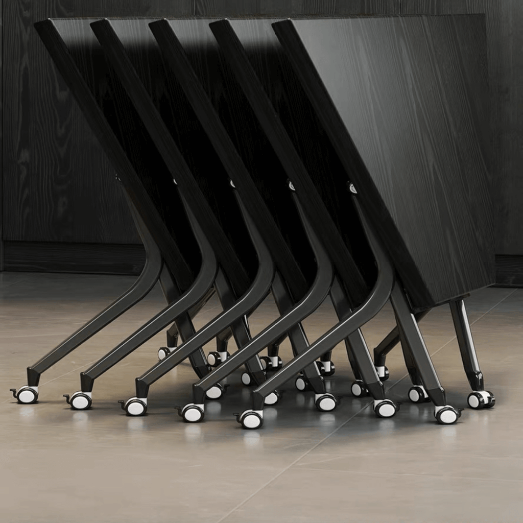 Black folding conference table with 360-degree casters for flexible workspace setups