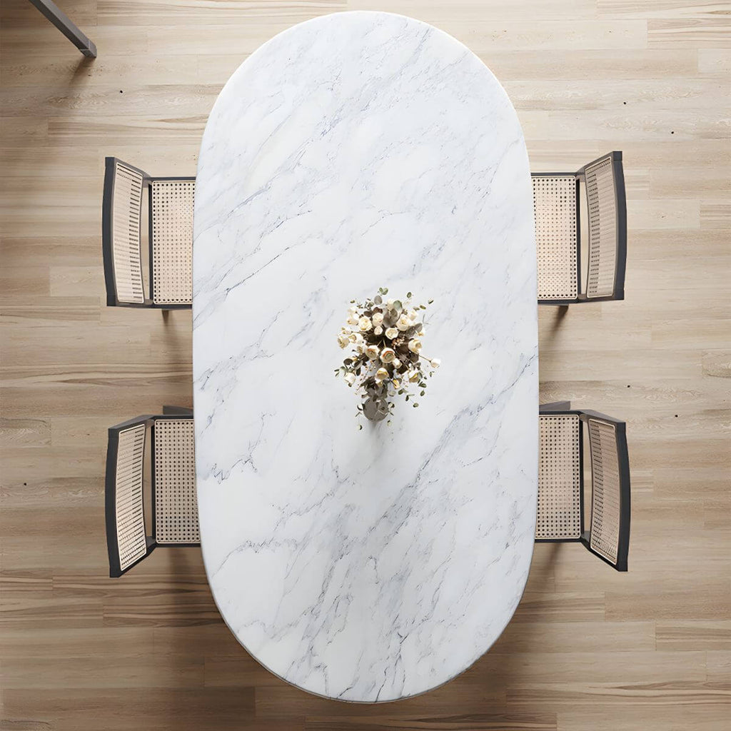 Modern oval marble dining table with white double pedestal base for stylish dining rooms