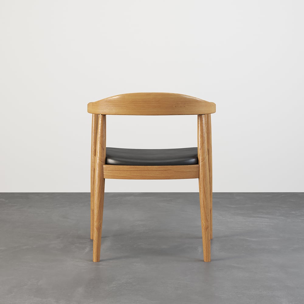 Set of four modern curved back dining chairs with walnut wooden frame and upholstered leather seats