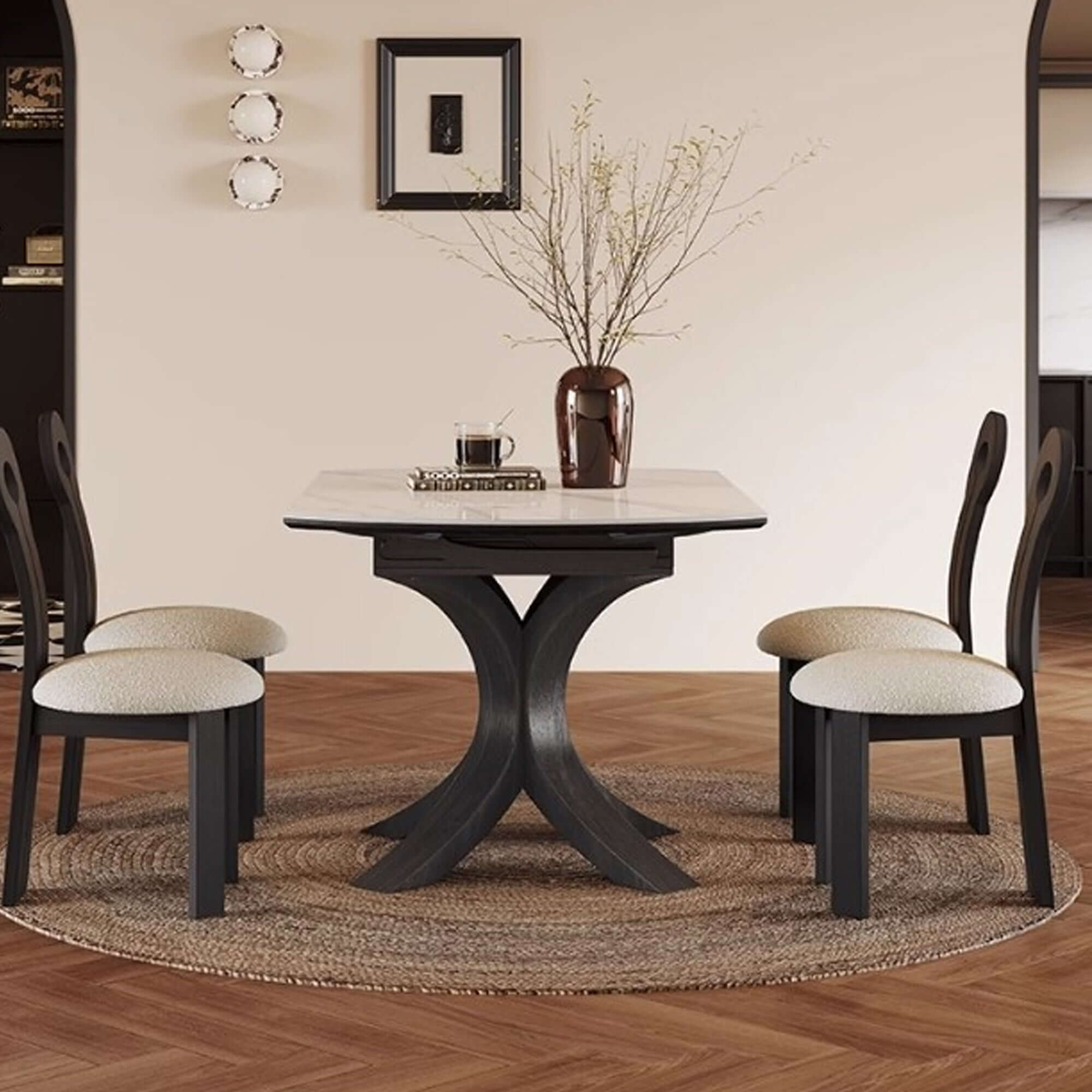 Convertible telescopic dining table with luxury sintered stone and marbling finish, square to round design
