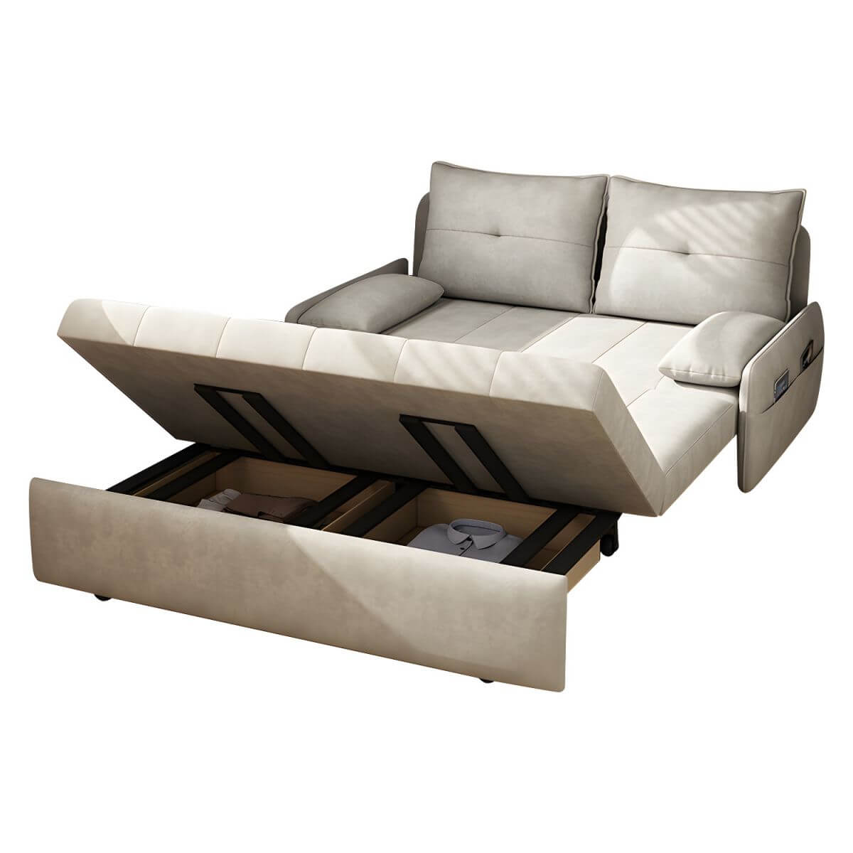 White polyester blend sleeper sofa with metal frame and casters, modern futon for versatile seating