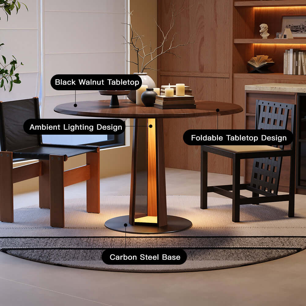Extendable Nordic style solid wood dining table with foldable square and round design, featuring LED light