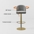 Gray velvet swivel bar stool with curved back and adjustable height, perfect for kitchen or bar seating