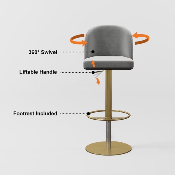 Gray velvet swivel bar stool with curved back and adjustable height, perfect for kitchen or bar seating