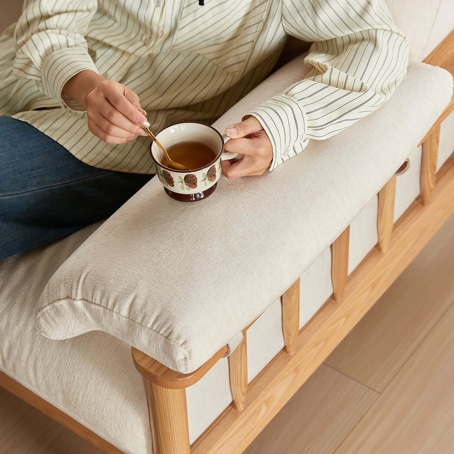 Japandi style solid ash wood sofa upholstered in cotton linen, corduroy, and cat-scratch fabric