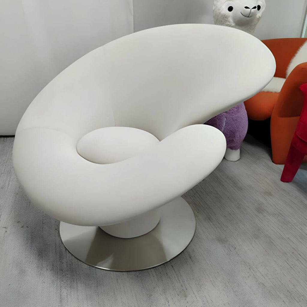 High-back modern papasan chair with linen blend upholstery and reclining feature