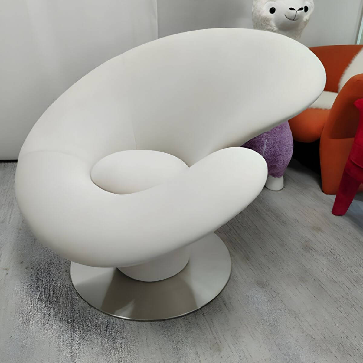 High-back modern papasan chair with linen blend upholstery and reclining feature