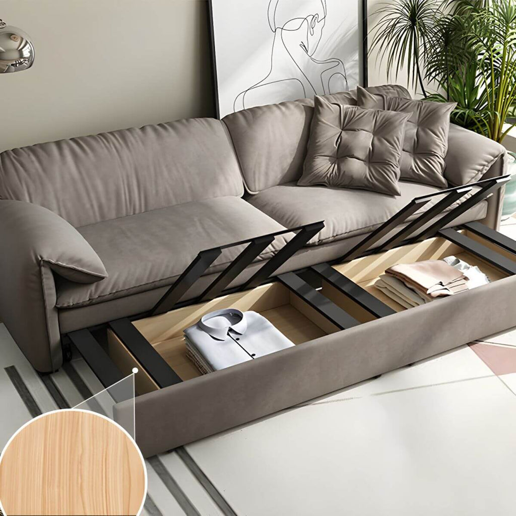 Gray Scandinavian sofa bed with fabric upholstery and coir faux leather sleeper, 69 inches long