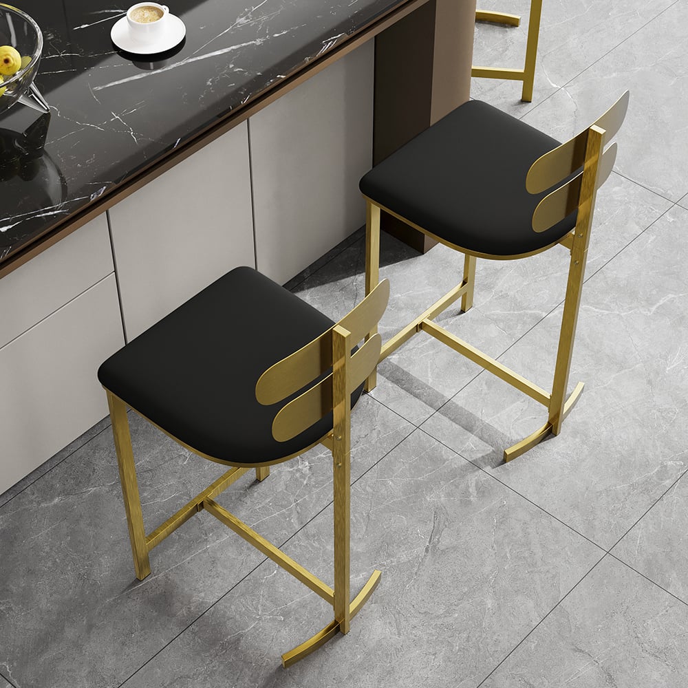 Set of four modern black PU leather counter stools with backrest for kitchen or breakfast bar