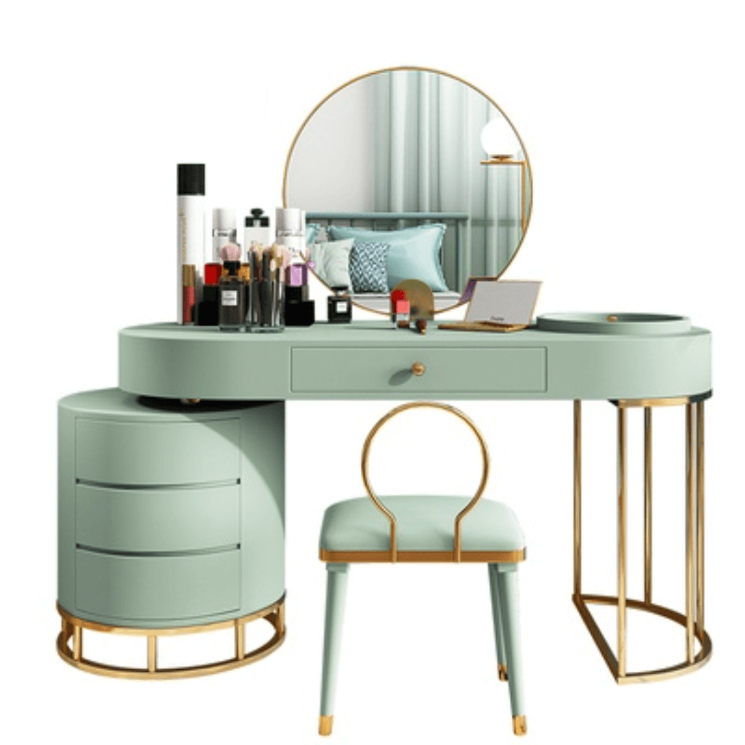 Makeup vanity set with extendable dressing table, side cabinet, mirror, and chair in white, pink, green, and blue
