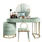 Makeup vanity set with extendable dressing table, side cabinet, mirror, and chair in white, pink, green, and blue