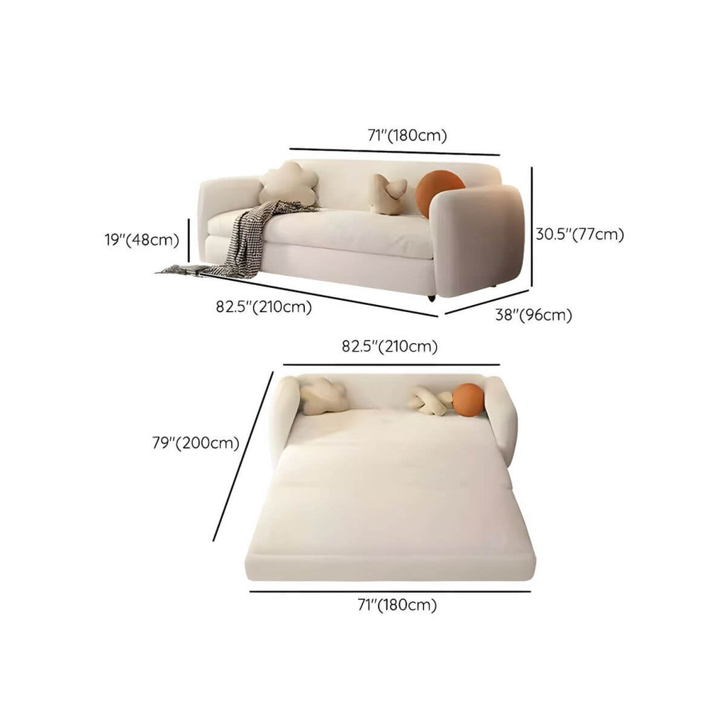 Modern white sleeper sofa with detachable mattress, casters, and black legs, 51 by 37 inches