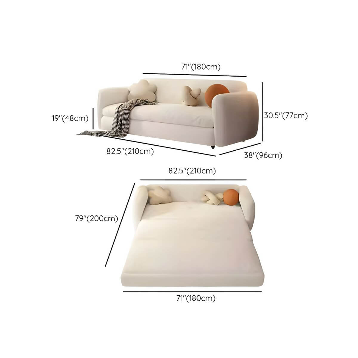 Modern white sleeper sofa with detachable mattress, casters, and black legs, 51 by 37 inches