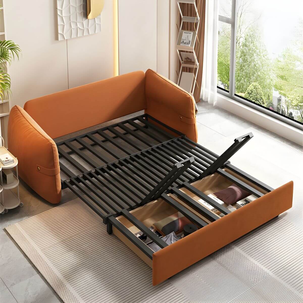 Orange polyester blend sleeper sofa with scratch-resistant surface and detachable mattress futons