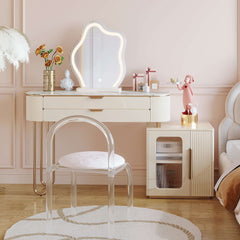Modern White Makeup Vanity Table with LED Lighted Mirror & Cabinet