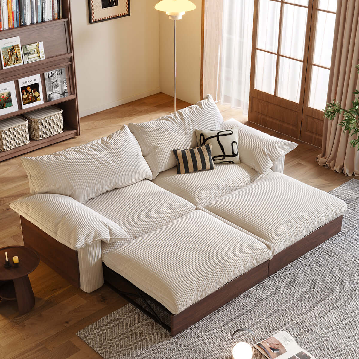 Japandi style pull-out sofa bed available in three fabric options for versatile seating and sleeping