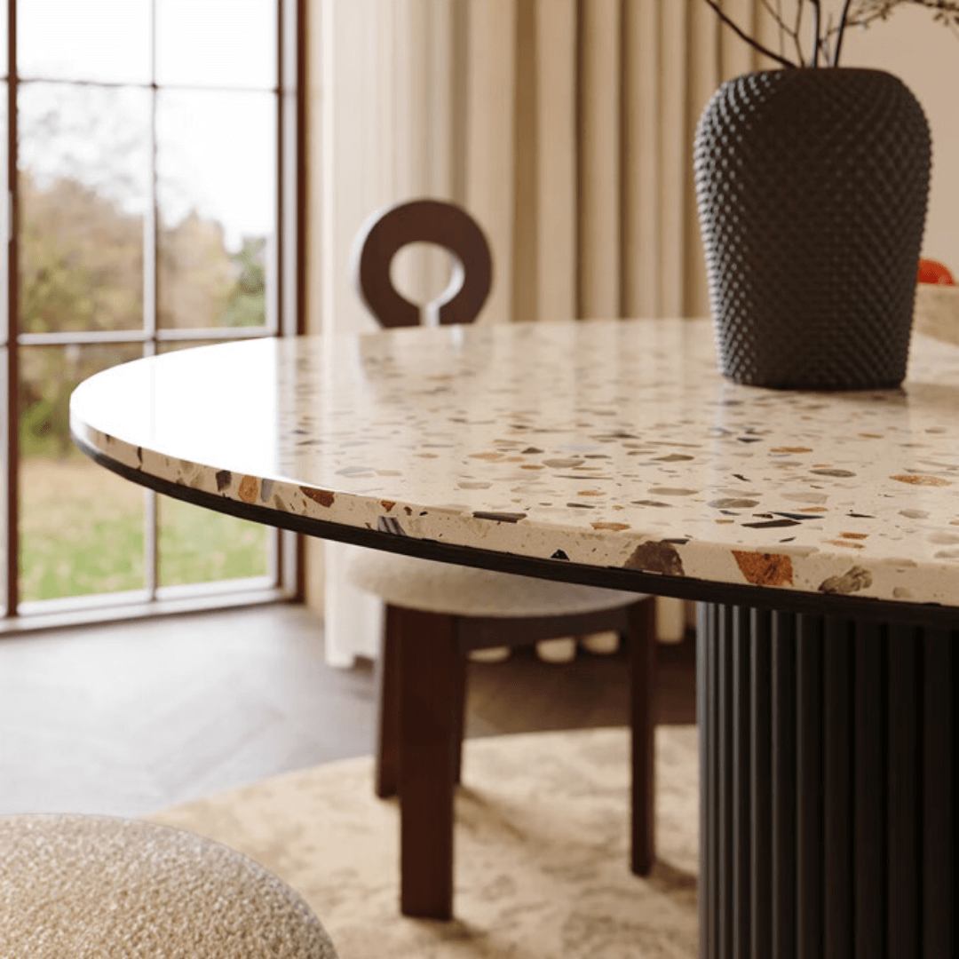 Round terrazzo dining table with durable design, perfect for home gatherings