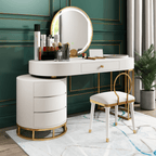 Makeup vanity set with extendable dressing table, side cabinet, mirror, and chair in white, pink, green, and blue