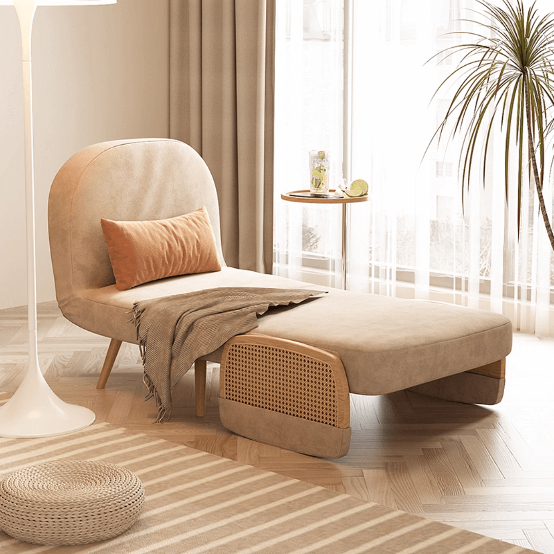 MidCentury modern single sofa bed with rattan, convertible folding daybed and lounge chair main product image メイン画像