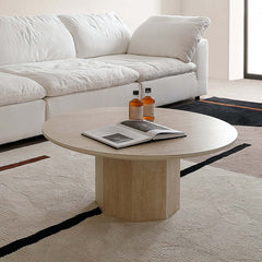 Japandi Round Coffee Table - Beige Travertine & Premium Wood