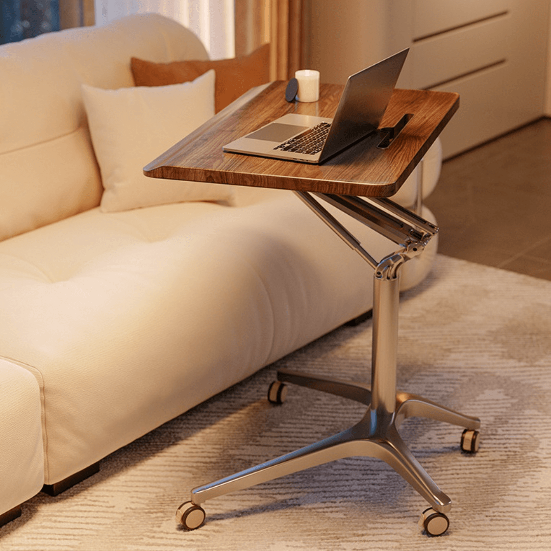 Mobile ergonomic standing desk with premium aluminium alloy frame and warm wood finish