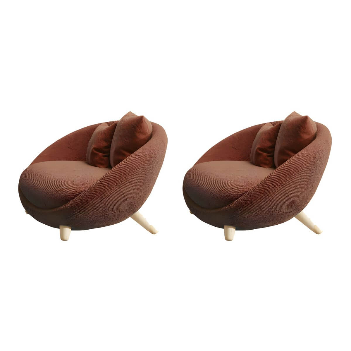 Scandinavian papasan chair with fixed back, sloped arms, cotton blend fabric, and 2 pillows