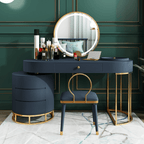 Makeup vanity set with extendable dressing table, side cabinet, mirror, and chair in white, pink, green, and blue