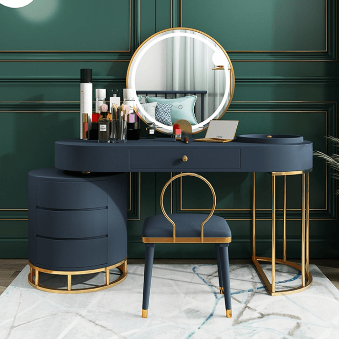 Makeup vanity set with extendable dressing table, side cabinet, mirror, and chair in white, pink, green, and blue