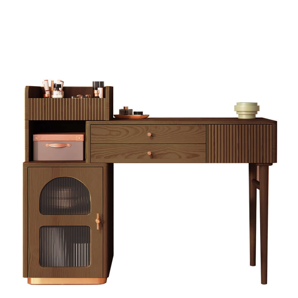 Wooden makeup dressing table featuring open storage, drawers, and a cabinet for organization