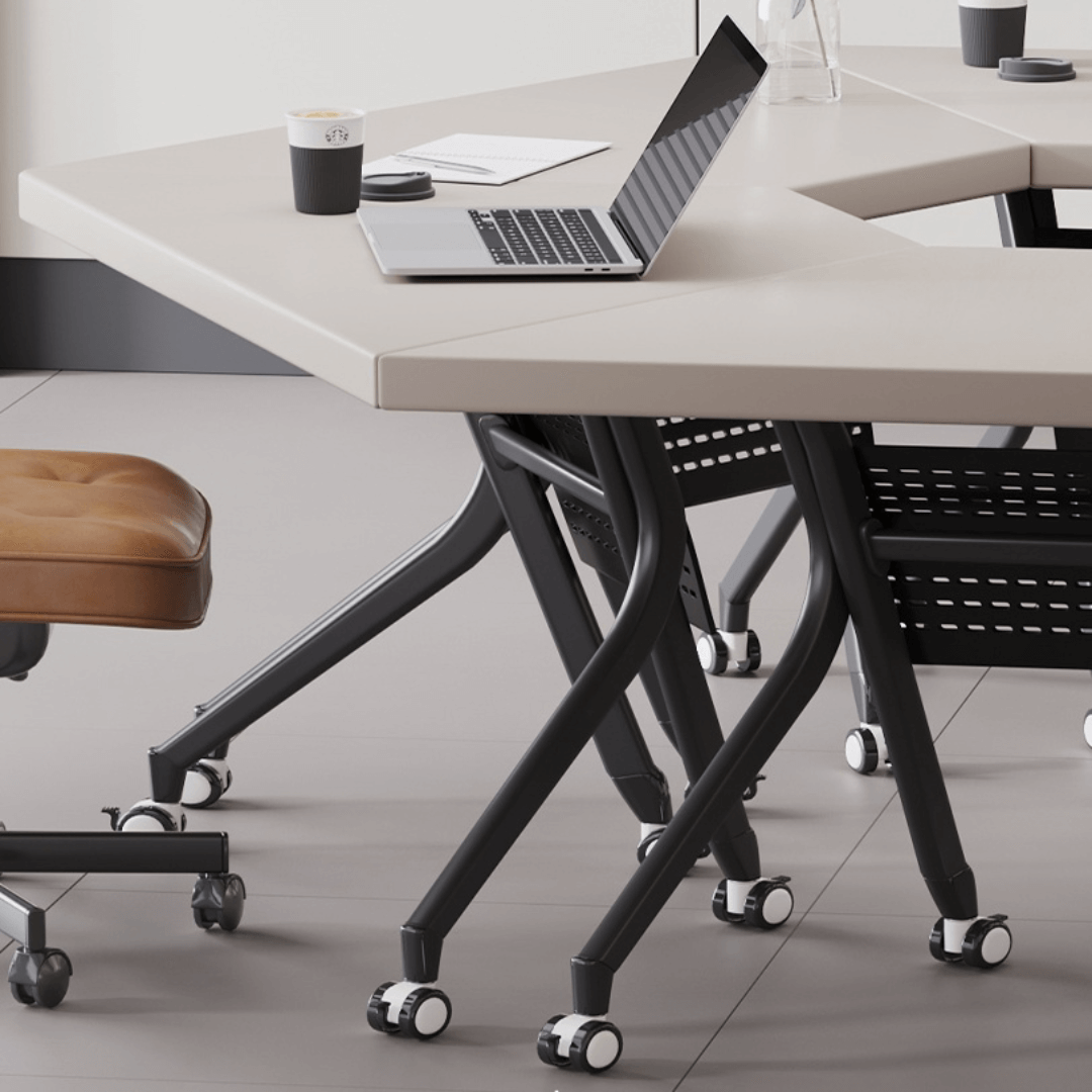 Solid wood multifunctional meeting table with geometric design and movable wheels