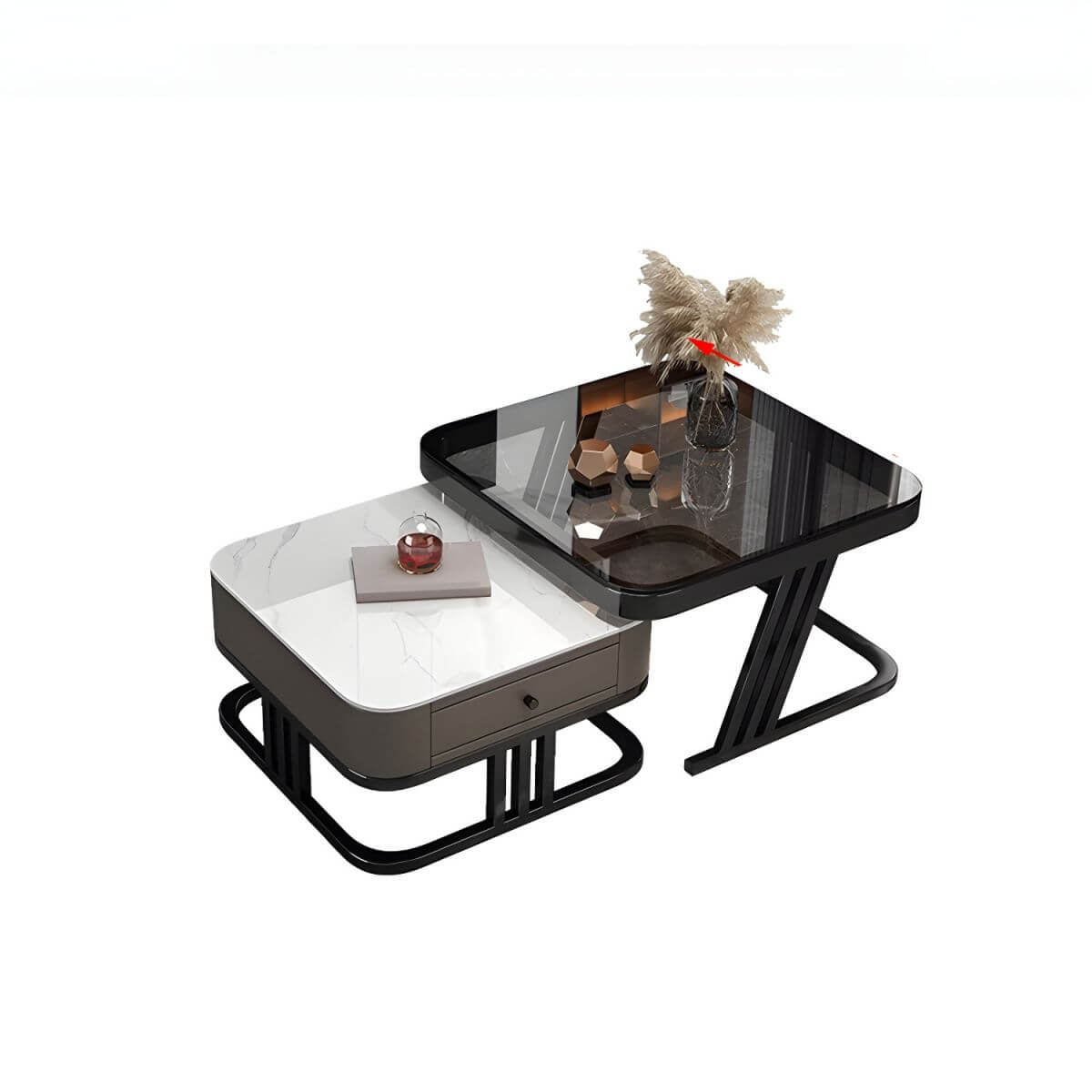 Modern square steel frame nesting coffee tables set with two pieces, including a small table