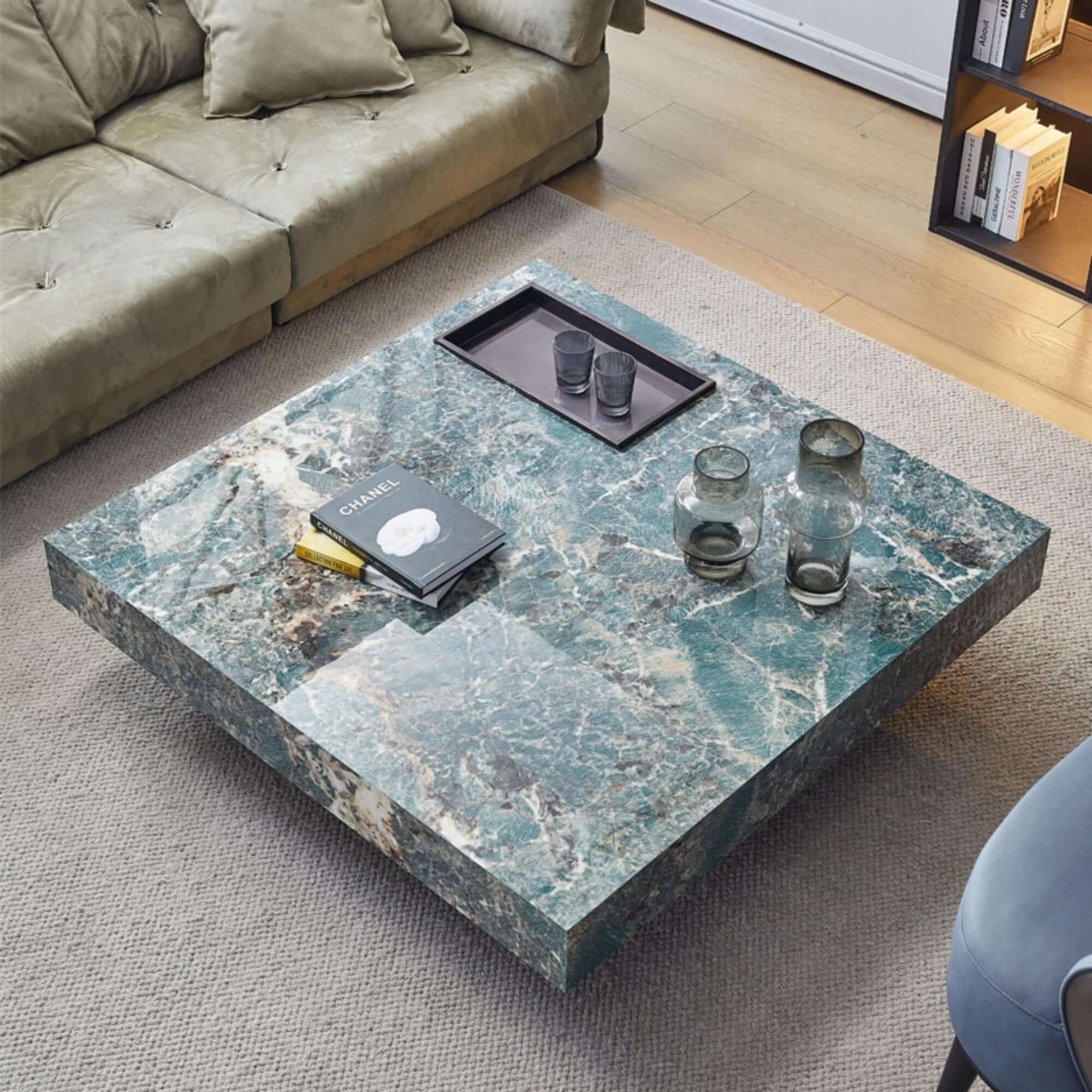 Square coffee table with luxury marbled top and sturdy metal legs