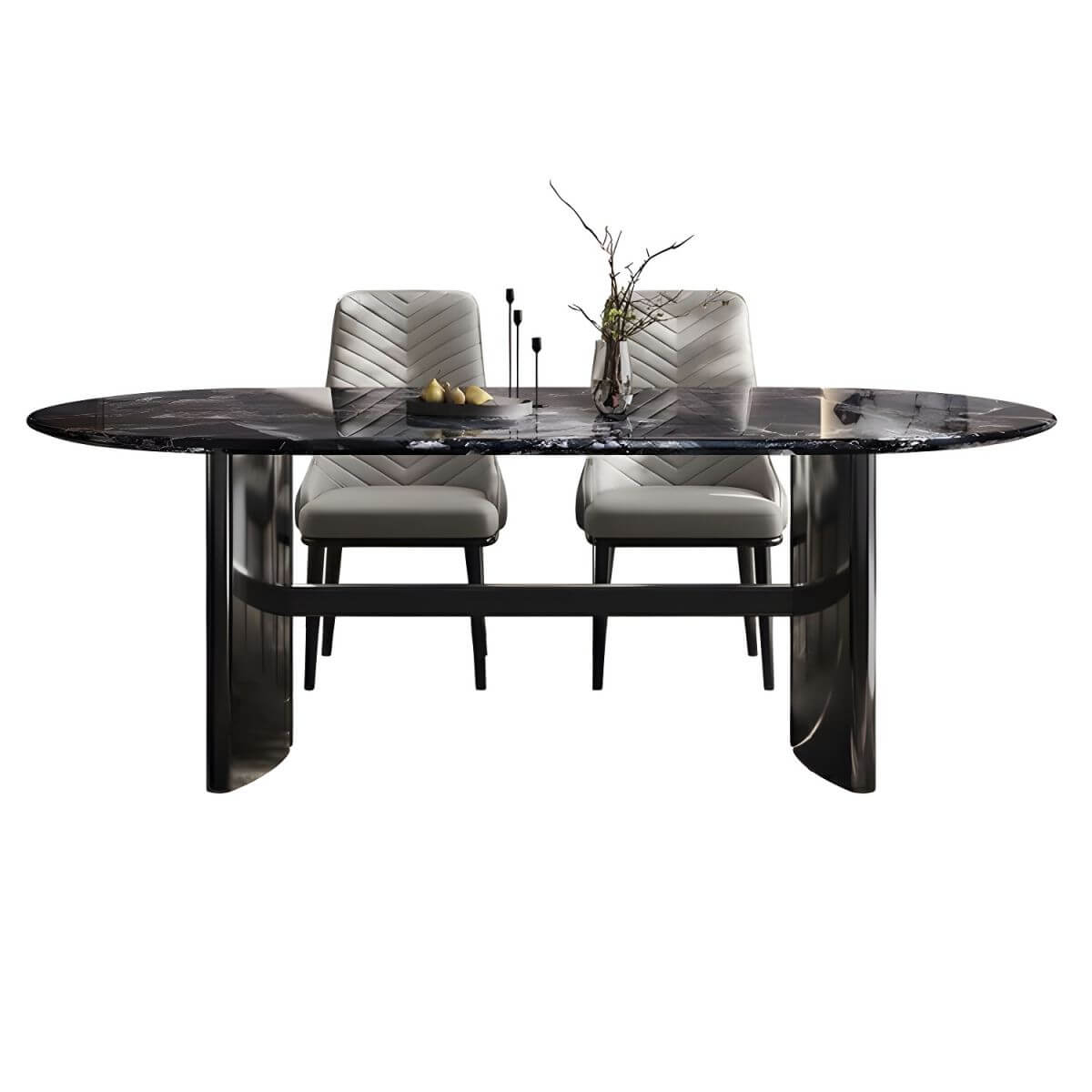 Oval dining table with black marble top and trestle metal base, modern dining room set
