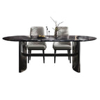 Oval dining table with black marble top and trestle metal base, modern dining room set