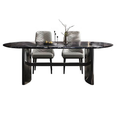 Modern Black Marble Dining Set with Trestle Metal Base - Oval Table Dining Room Sets