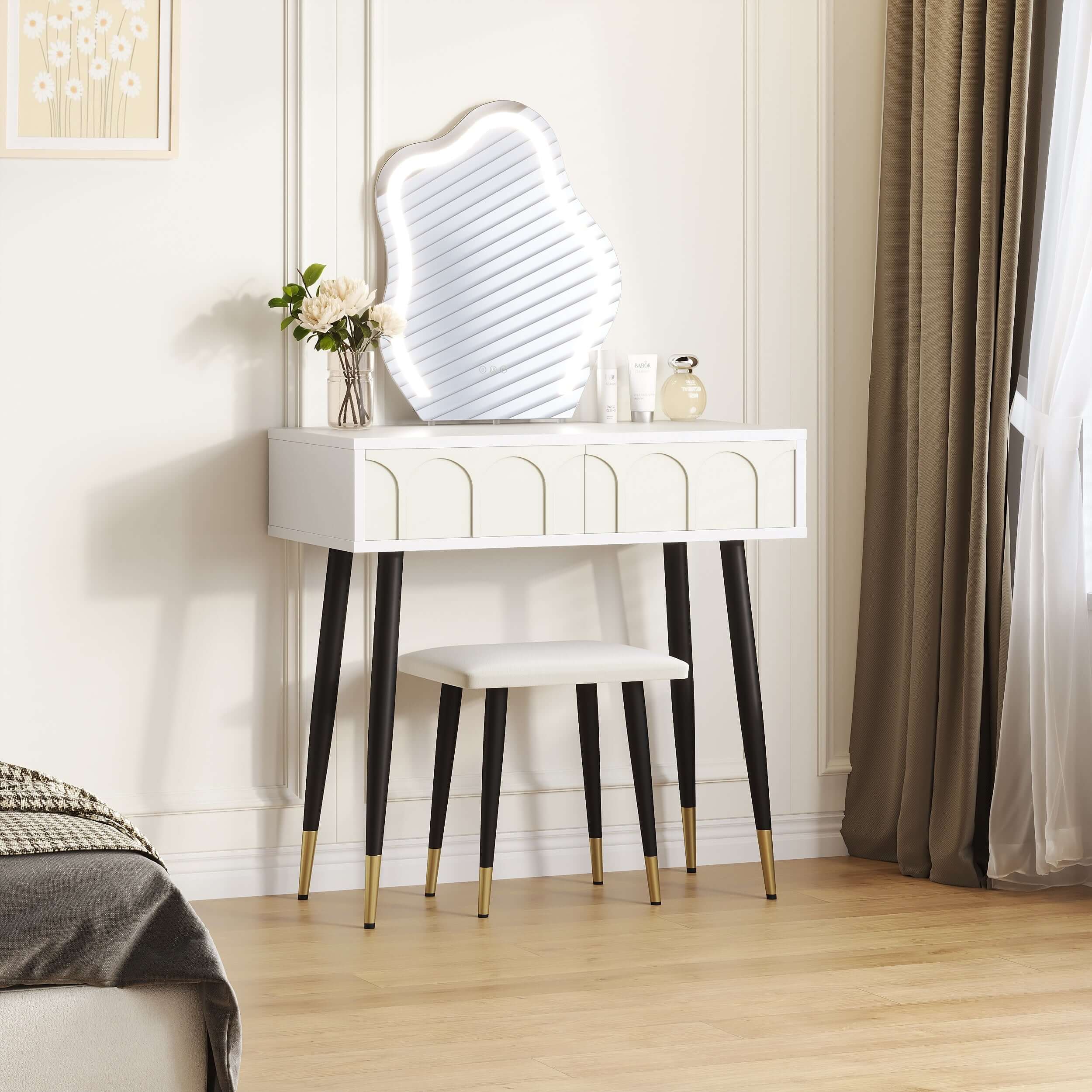 White and black 31.5-inch two drawer dresser with mirror and matching chair