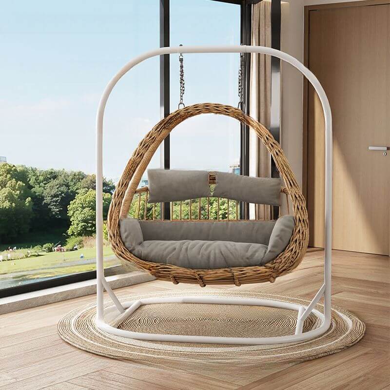 Cocoa metal 2-seater porch swing egg chair with stand, cushions, and wear-resistant design