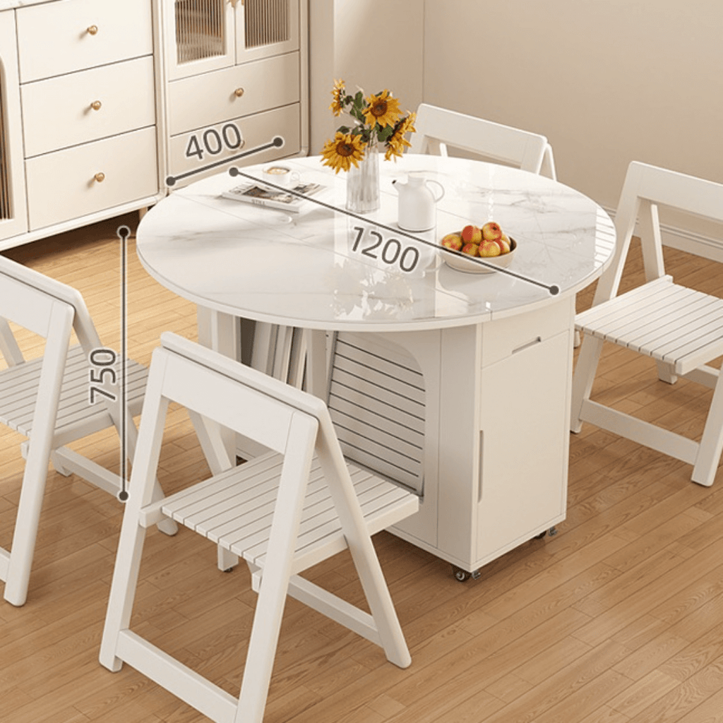 Round folding dining table with marble texture, perfect for small homes and space-saving design
