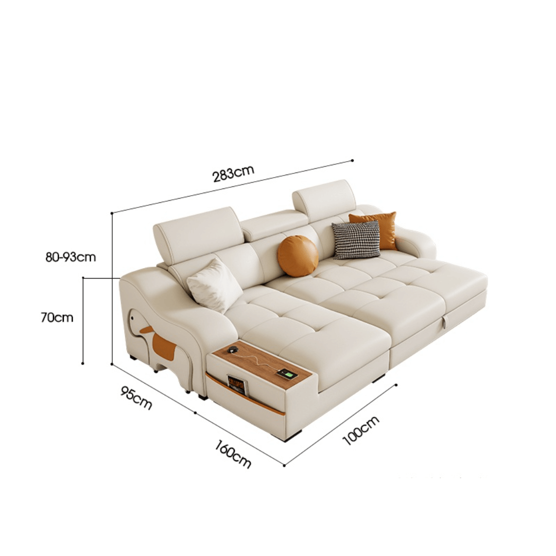 Space-saving sofa bed with a cute pony stool, perfect transformable furniture for small spaces