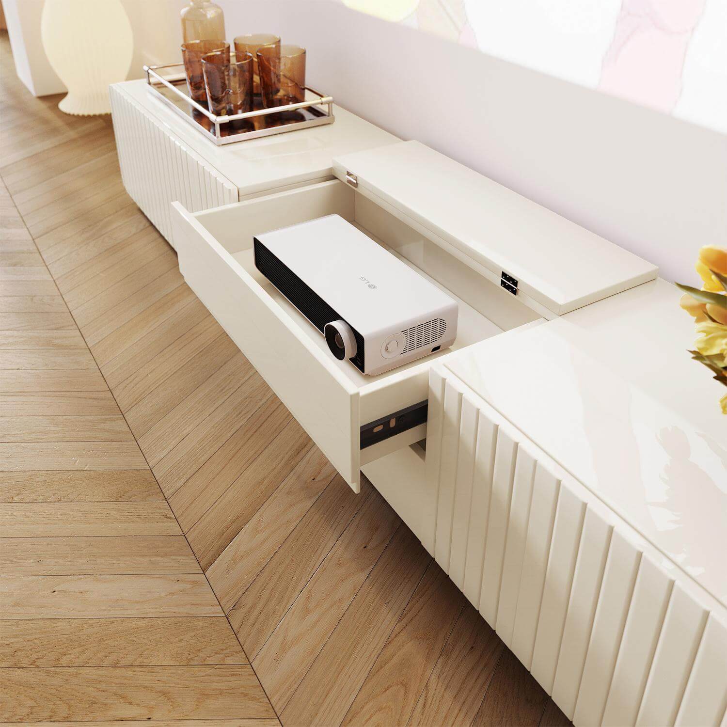 Beige minimalist TV stand and entertainment center with storage drawers for living room