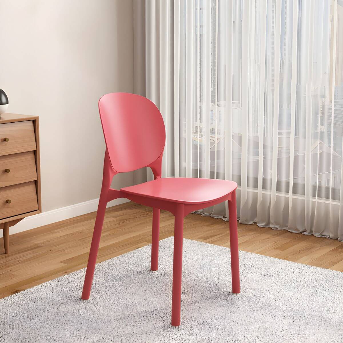 Stackable Scandinavian side chair with open back made of plastic and acrylic for dining